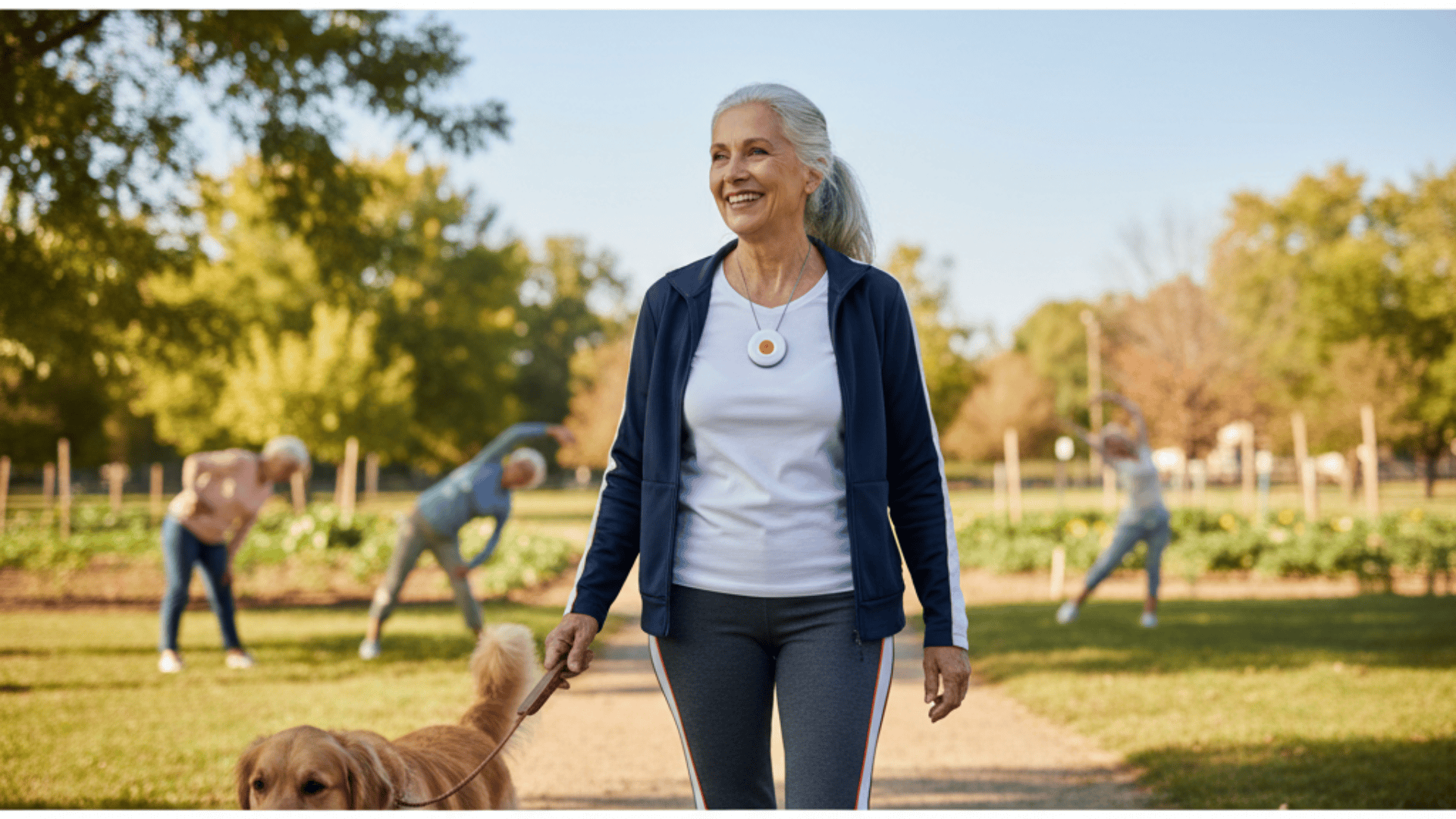 A confident adult walking a dog while wearing a fall sensor pendent.